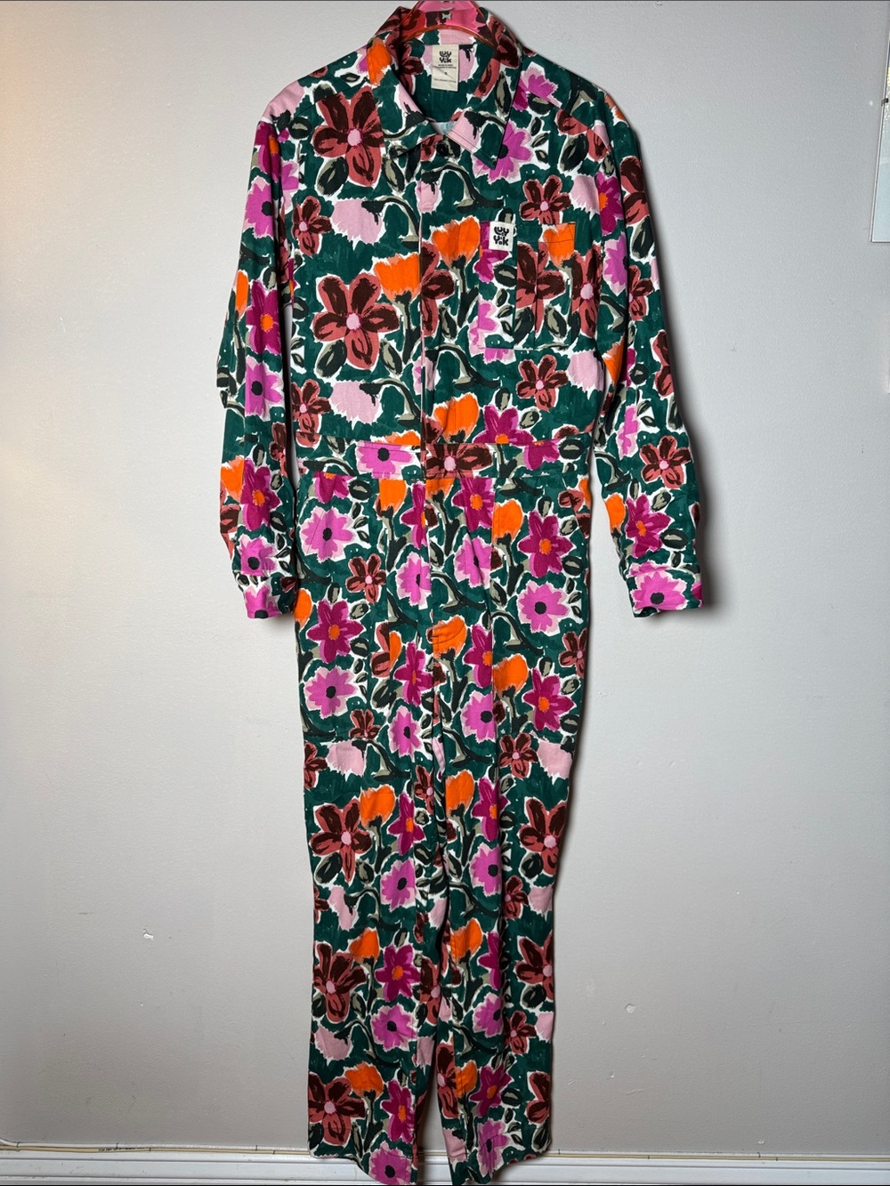 LUCY & YAK Painterly Floral Long-Sleeve Jumpsuit Boiler Suit Organic Cotton SM